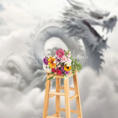 Lofaris Ethereal White Dragon Photography Backdrop Majestic Mythical Creature in Heavenly Clouds and Mountains
