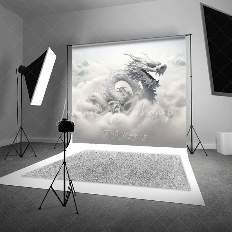 Lofaris Ethereal White Dragon Photography Backdrop Majestic Mythical Creature in Heavenly Clouds and Mountains