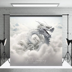 Lofaris Ethereal White Dragon Photography Backdrop Majestic Mythical Creature in Heavenly Clouds and Mountains