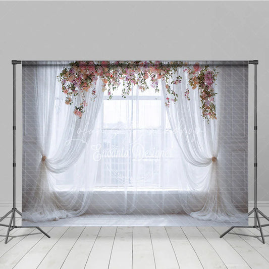 Lofaris Ethereal White Sheer Curtain and Floral Window Photography Backdrop Romantic Wedding Baby Shower Portrait