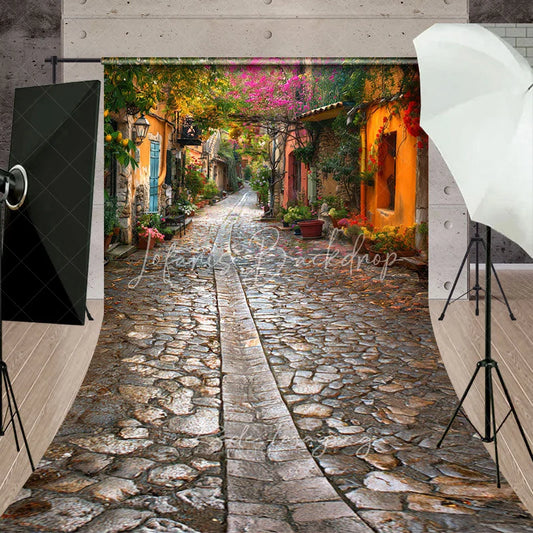 Lofaris European Old Town Cobblestone Street Backdrop Spring Floral Vintage Village Alley Photography Background