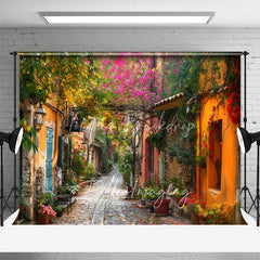 Lofaris European Town Street Backdrop Colorful Stone Houses and Pink Floral Bougainvillea Photography Background for Travel