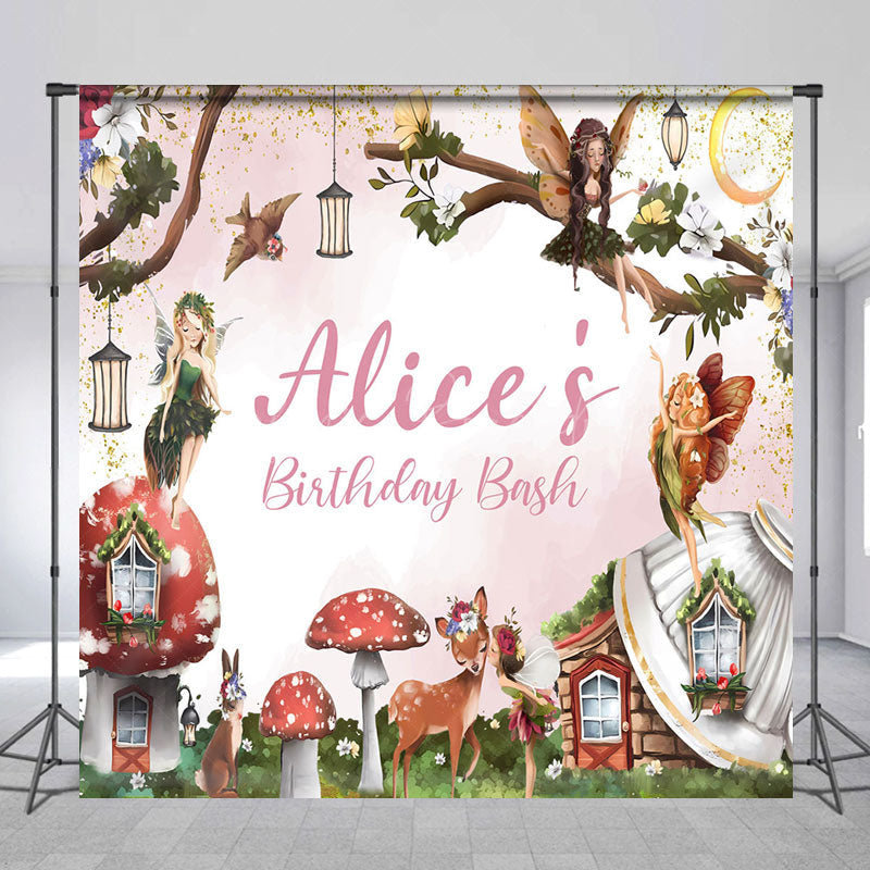 Lofaris Fairy Floral Mushroom Custom Name Birthday Backdrop
