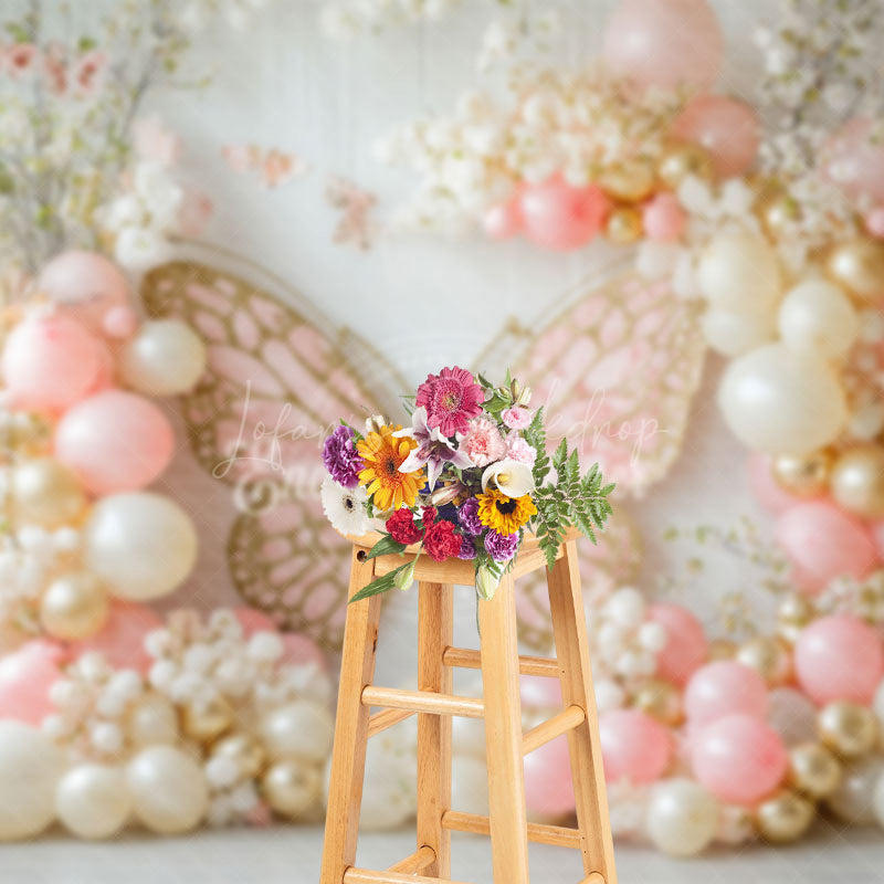 Lofaris Fairy Pink Yellow Balloon Butterfly Cake Smash Backdrop