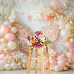 Lofaris Fairy Pink Yellow Balloon Butterfly Cake Smash Backdrop