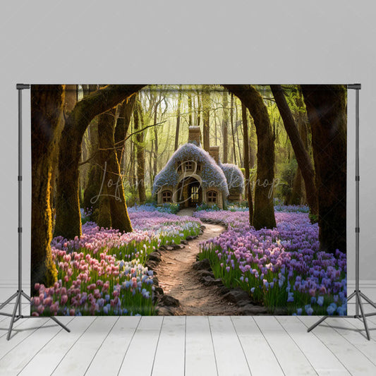 Lofaris Fairy Tale Floral Sea Forest Cabin Photo Backdrop
