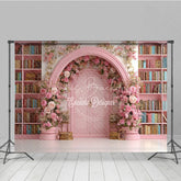 Lofaris Fairy Tale Library Backdrop Pink Bookshelf Arch Door Rose Floral Wedding Photography Background Props
