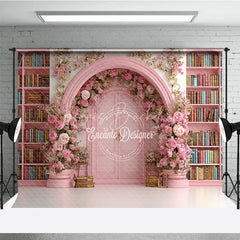 Lofaris Fairy Tale Library Backdrop Pink Bookshelf Arch Door Rose Floral Wedding Photography Background Props