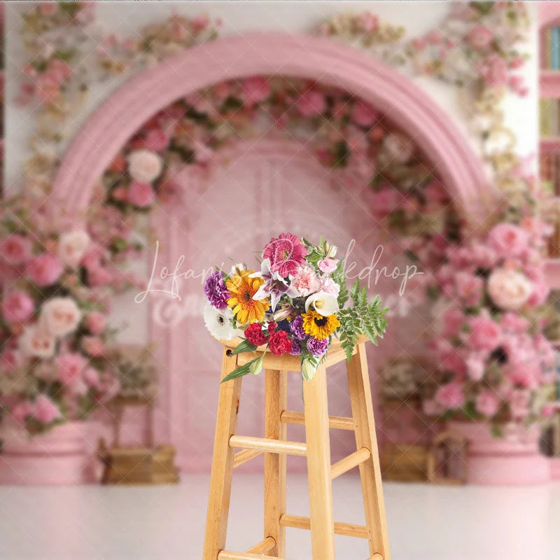 Lofaris Fairy Tale Library Backdrop Pink Bookshelf Arch Door Rose Floral Wedding Photography Background Props
