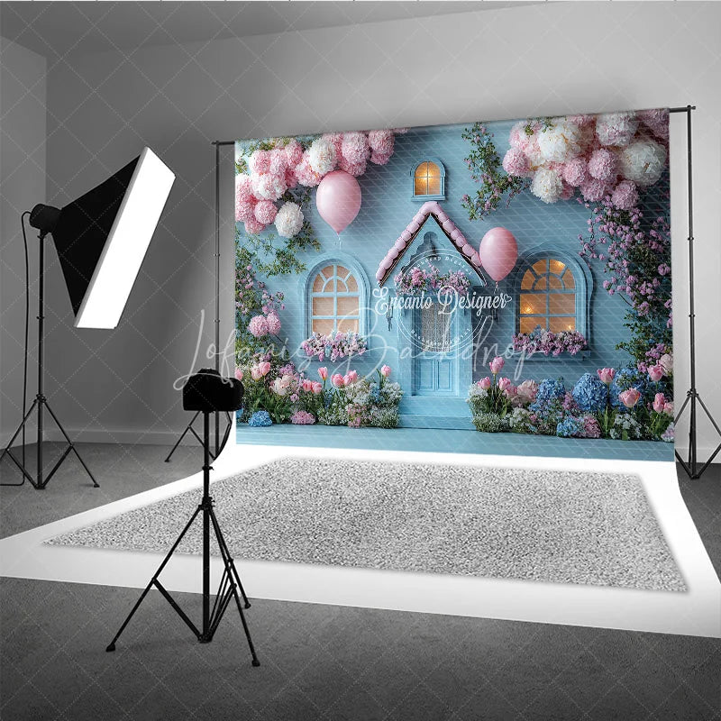 Lofaris Fairytale Blue House Photography Backdrop Pink Floral Cottage with Balloons Whimsical Birthday Photo Background