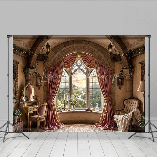 Lofaris Fairytale Castle View Photography Backdrop with Arched Window Elegant Pink Curtains and Ornate Room Decor
