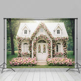 Lofaris Fairytale Cottage House Photography Backdrop White Home Covered in Pink Roses Enchanted Garden Wedding Photo Prop