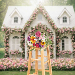 Lofaris Fairytale Cottage House Photography Backdrop White Home Covered in Pink Roses Enchanted Garden Wedding Photo Prop