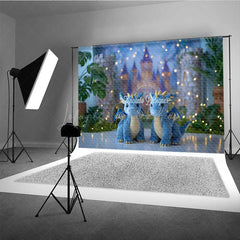 Lofaris Fairytale Dragons Cake Smash Photography Backdrop Cute Blue in Front of a Castle Magical Birthday Prop