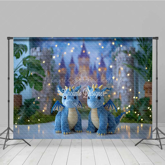 Lofaris Fairytale Dragons Cake Smash Photography Backdrop Cute Blue in Front of a Castle Magical Birthday Prop