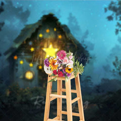 Lofaris Fairytale Forest Cabin Photography Backdrop Whimsical Cottage with Glowing Stars Enchanted Woods at Night Prop