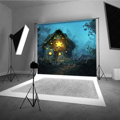 Lofaris Fairytale Forest Cabin Photography Backdrop Whimsical Cottage with Glowing Stars Enchanted Woods at Night Prop