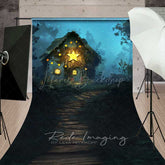 Lofaris Fairytale Forest Cabin Sweep Photography Backdrop with Path Whimsical Cottage Stars Enchanted Woods Night Prop