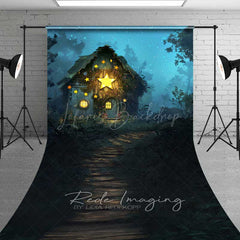 Lofaris Fairytale Forest Cabin Sweep Photography Backdrop with Path Whimsical Cottage Stars Enchanted Woods Night Prop