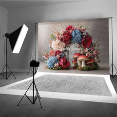 Lofaris Fairytale Mushroom and Floral Wreath Backdrop Enchanted Forest Wedding Whimsical Garden Party Photo Prop Decor