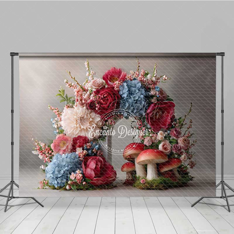 Lofaris Fairytale Mushroom and Floral Wreath Backdrop Enchanted Forest Wedding Whimsical Garden Party Photo Prop Decor