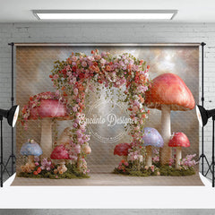 Lofaris Fairytale Mushroom Arch Photography Backdrop Enchanted Forest with Flowers Whimsical Wedding Photo Background