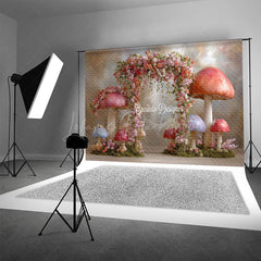 Lofaris Fairytale Mushroom Arch Photography Backdrop Enchanted Forest with Flowers Whimsical Wedding Photo Background