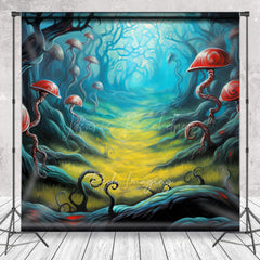 Lofaris Fairytale Mushroom Forest Photography Backdrop Whimsical Red Fungi and Twisted Trees Enchanted Woods Scenery