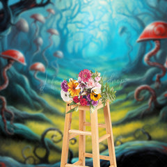 Lofaris Fairytale Mushroom Forest Photography Backdrop Whimsical Red Fungi and Twisted Trees Enchanted Woods Scenery