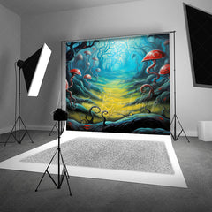 Lofaris Fairytale Mushroom Forest Photography Backdrop Whimsical Red Fungi and Twisted Trees Enchanted Woods Scenery