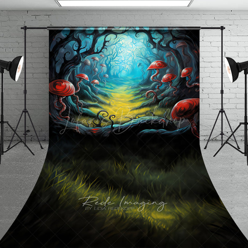 Lofaris Fairytale Mushroom Forest Sweep Photo Backdrop Whimsical Red Fungi Path Enchanted Woods Scenery Prop
