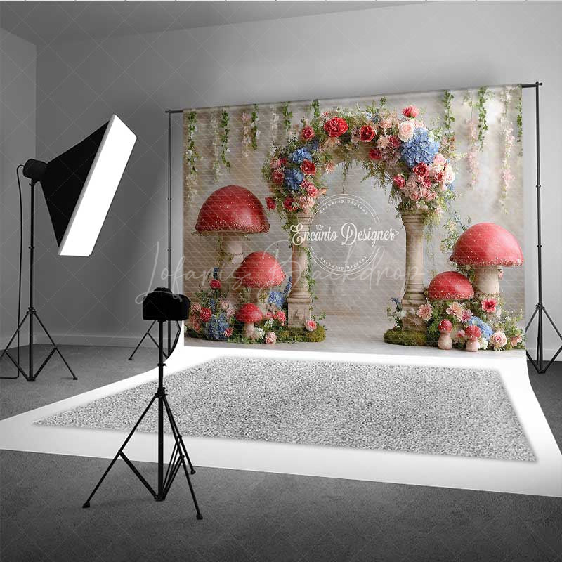 Lofaris Fairytale Mushroom Wedding Arch Backdrop Enchanted Forest with Flowers Whimsical Garden Ceremony Photo Prop