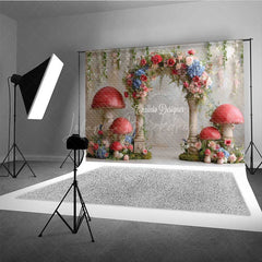 Lofaris Fairytale Mushroom Wedding Arch Backdrop Enchanted Forest with Flowers Whimsical Garden Ceremony Photo Prop