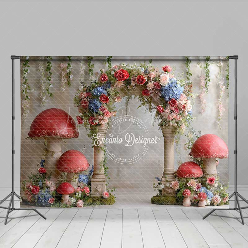 Lofaris Fairytale Mushroom Wedding Arch Backdrop Enchanted Forest with Flowers Whimsical Garden Ceremony Photo Prop