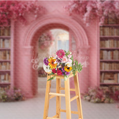 Lofaris Fairytale Pink Library Photography Backdrop with Floral Archway Bookshelves Romantic Wedding Photo Background