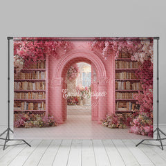 Lofaris Fairytale Pink Library Photography Backdrop with Floral Archway Bookshelves Romantic Wedding Photo Background