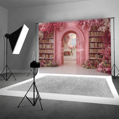 Lofaris Fairytale Pink Library Photography Backdrop with Floral Archway Bookshelves Romantic Wedding Photo Background
