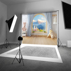 Lofaris Fairytale Window Cake Smash Backdrop Kids Room with Castle View and Bunny Whimsical First Birthday Photo Prop