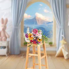 Lofaris Fairytale Window Cake Smash Backdrop Kids Room with Castle View and Bunny Whimsical First Birthday Photo Prop