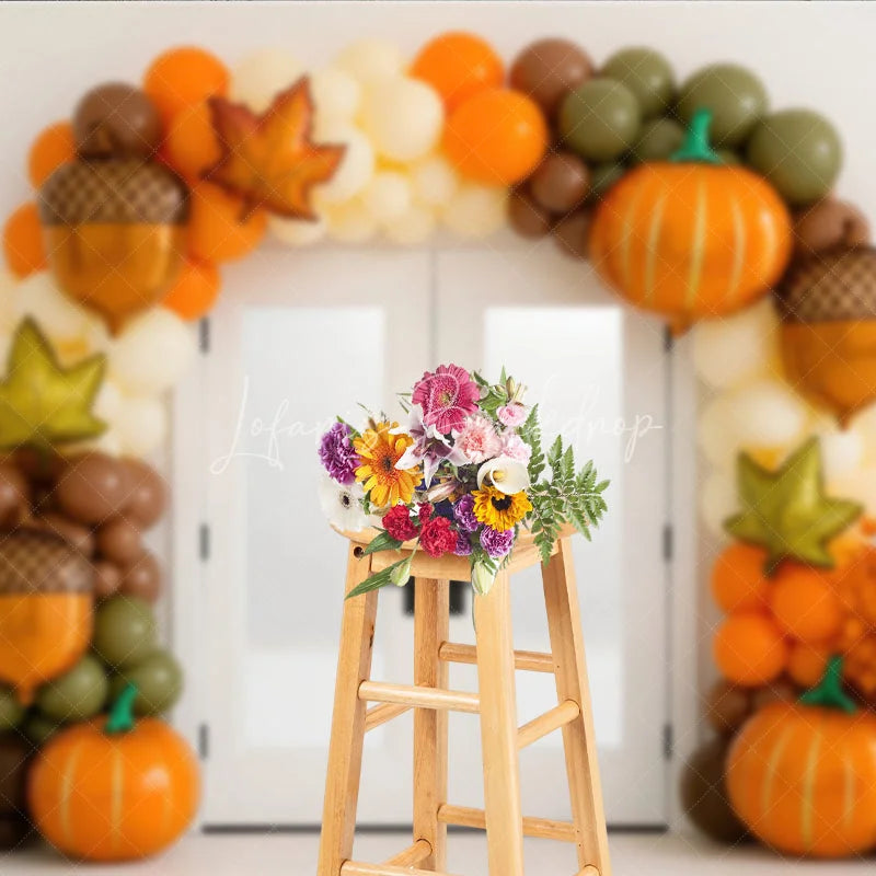Lofaris Fall Balloon Arch Photography Backdrop White Door with Pumpkin and Acorn Balloons Modern Autumn Party Decor