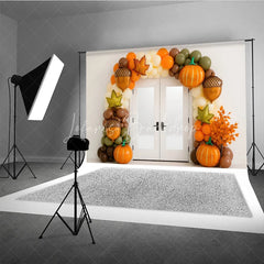 Lofaris Fall Balloon Arch Photography Backdrop White Door with Pumpkin and Acorn Balloons Modern Autumn Party Decor