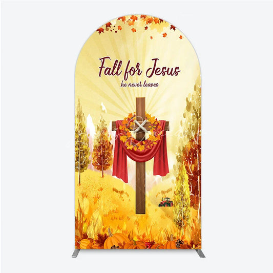 Lofaris Fall for Jesus Arch Backdrop Christian Autumn Festival Cross with Pumpkins He Never Leaves Harvest Decor