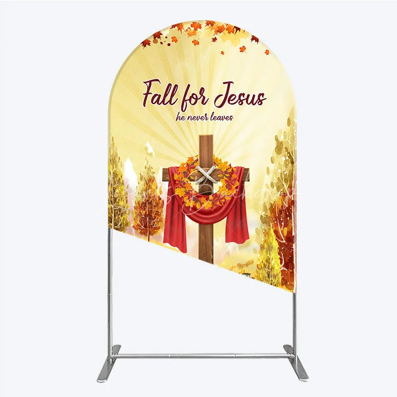 Lofaris Fall for Jesus Arch Backdrop Christian Autumn Festival Cross with Pumpkins He Never Leaves Harvest Decor