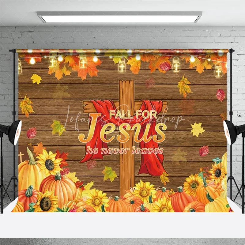 Lofaris Fall for Jesus Backdrop Christian Thanksgiving Autumn Harvest with Cross He Never Leaves Party Decor