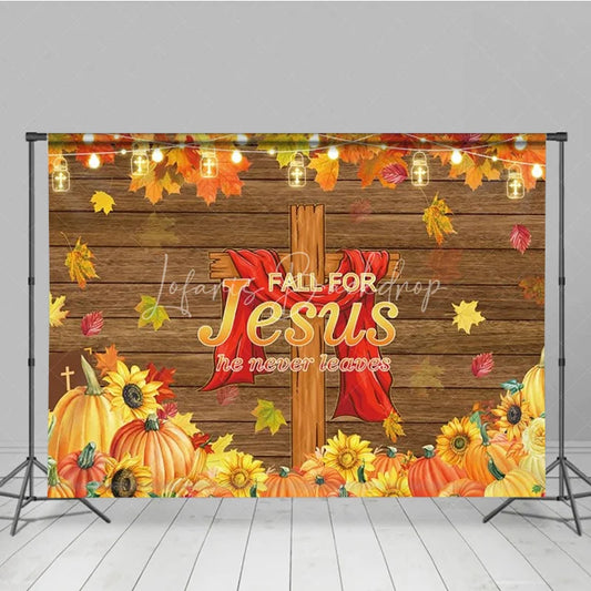 Lofaris Fall for Jesus Backdrop Christian Thanksgiving Autumn Harvest with Cross He Never Leaves Party Decor