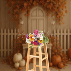 Lofaris Fall Pumpkin Patch Backdrop White Fence Rustic Door Maple Leaves Background Autumn Harvest Thanksgiving Party Prop