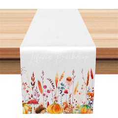 Lofaris Fall Table Runner White with Watercolor Pumpkins Autumn Wildflowers Thanksgiving Decor