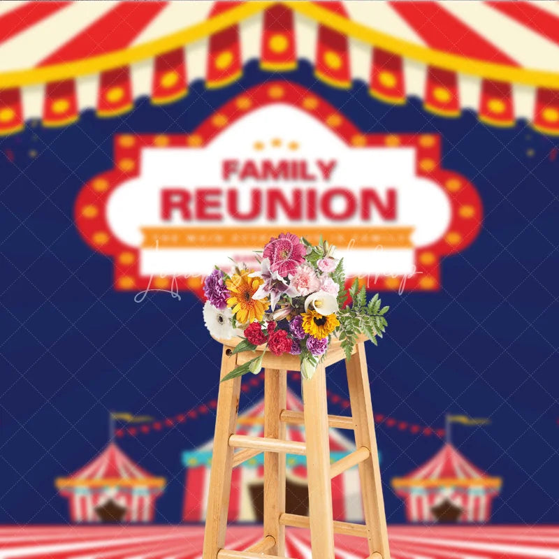 Lofaris Family Reunion Backdrop with Carnival Circus Tent Red and White Stripes Theme Welcome Banner for Party Decor