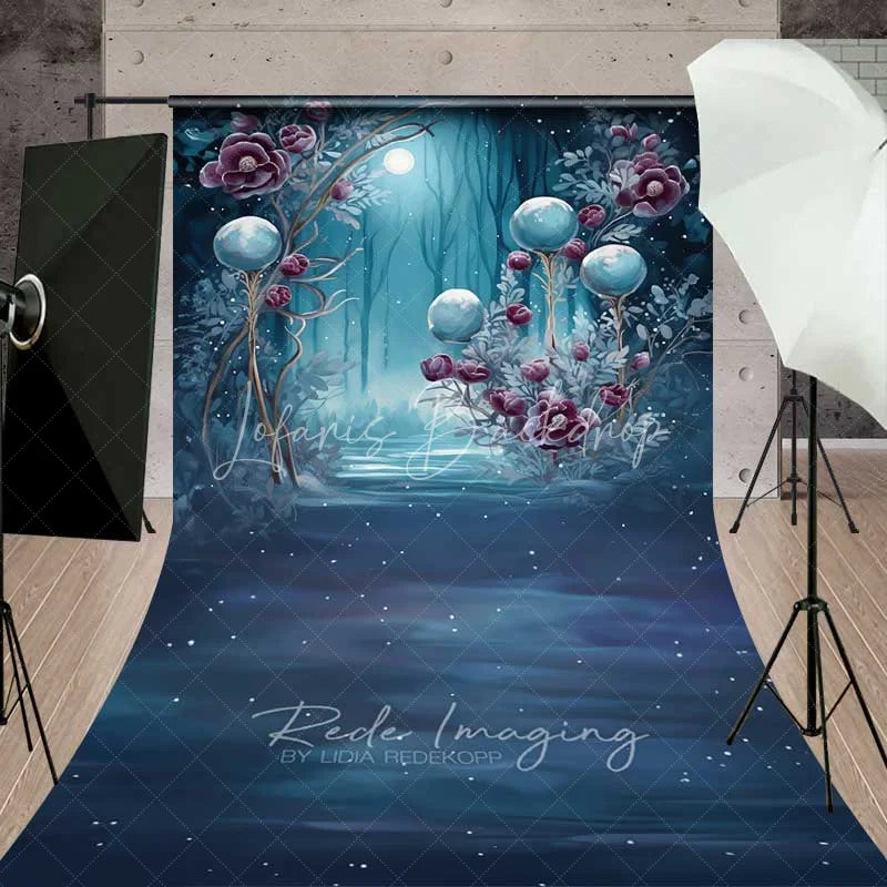Lofaris Fantasy Blue Forest Sweep Photo Backdrop Glowing Magic Orb Woods Background Dreamy Moonlight Floor Prop