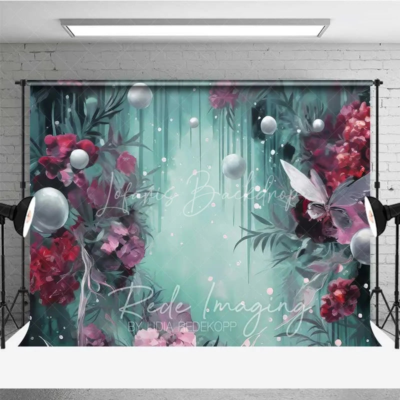 Lofaris Fantasy Floral Pearl Photography Backdrop Burgundy Flowers Teal Green Mist Background Dreamy Artistic Photo Prop